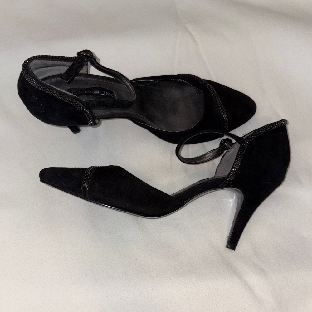 Bandolino Black Suede Pointed-Toe Ankle-Strap Heels